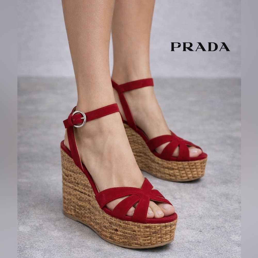 Like New Authentic PRADA Red Suede Basketweave Platform Wedge Sandals size 37